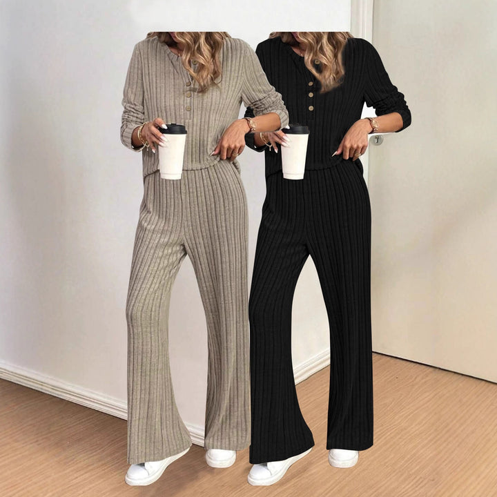 Damen Geripptes Lounge-Zweiteiler mit Henley-Top und weiter Palazzohose Drune