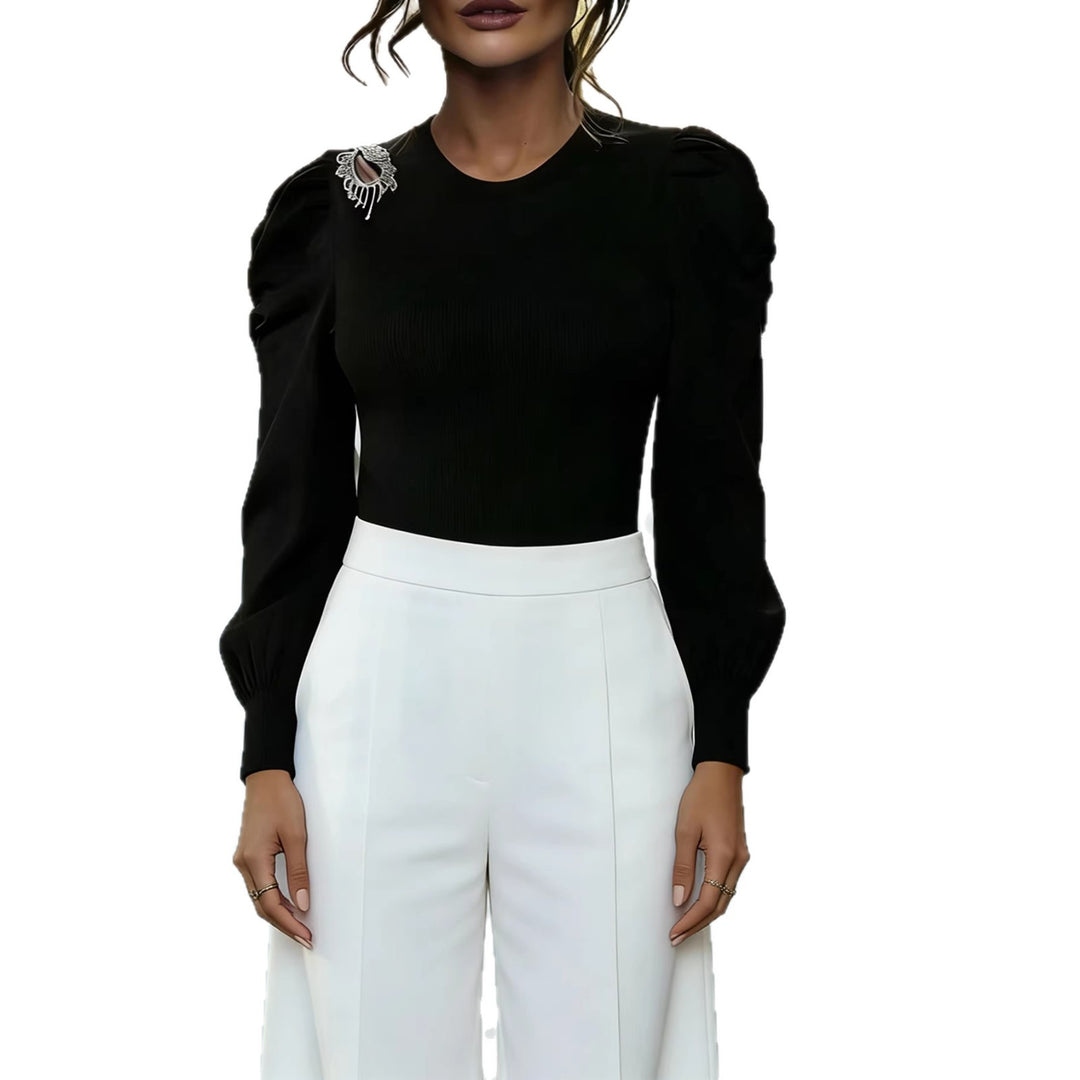Damen Elegantes Oberteil mit Puffärmeln und dekorativem Broschen-Detail Drune