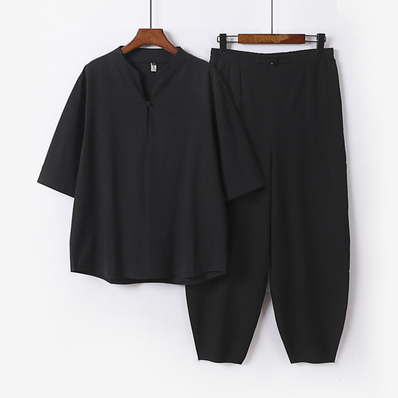 Herren Zweiteiliges Leichtes Leinen-Baumwoll-Set mit Mandarin-Kragen und elastischer Bundhose Drune