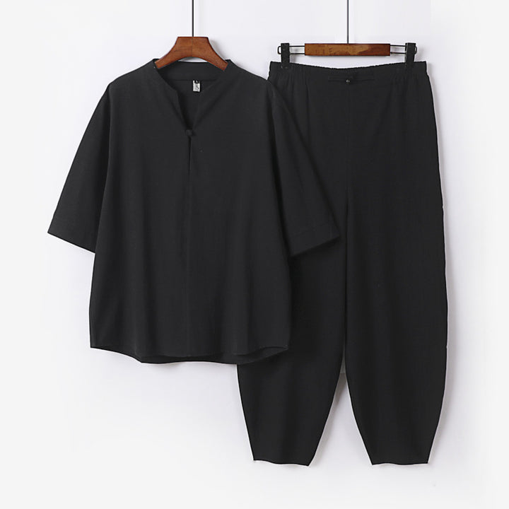 Herren Zweiteiliges Leichtes Leinen-Baumwoll-Set mit Mandarin-Kragen und elastischer Bundhose Drune