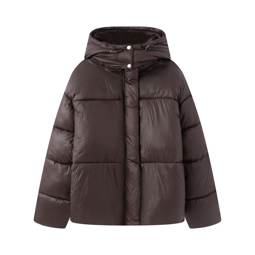 Damen Kurze Voluminöse Steppjacke mit hohem Schlauchkragen und Kapuze Drune