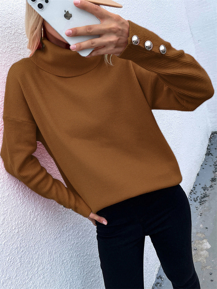Damen Gerippter Rollkragenpullover mit Oversize-Schnitt und Zierknopfmanschetten Drune