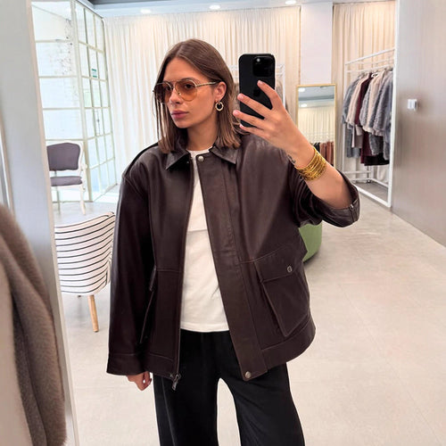Damen stylische Lederjacke mit praktischen Taschen und modernem Schnitt Drune