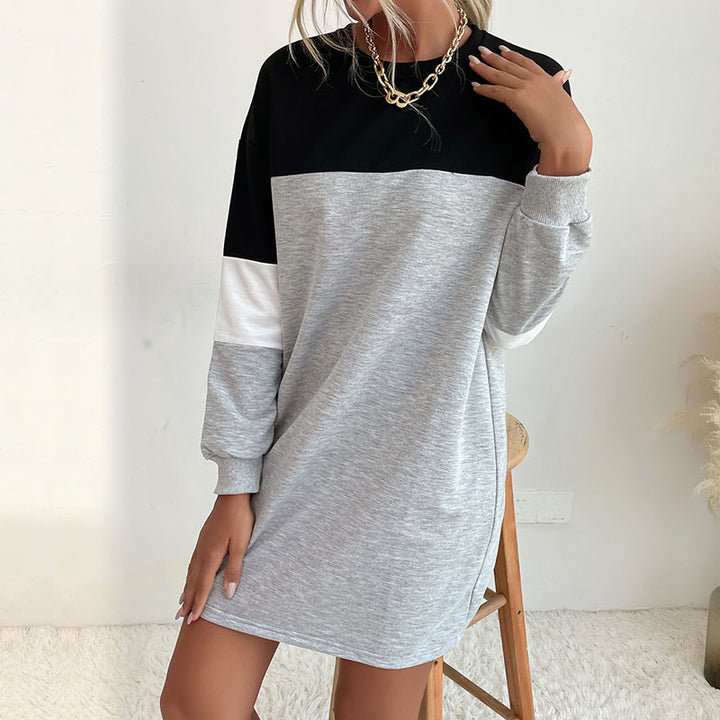 Damen Kurz geschnittenes Colorblock-Sweatshirtkleid aus Baumwollmix mit Rundhalsausschnitt Drune