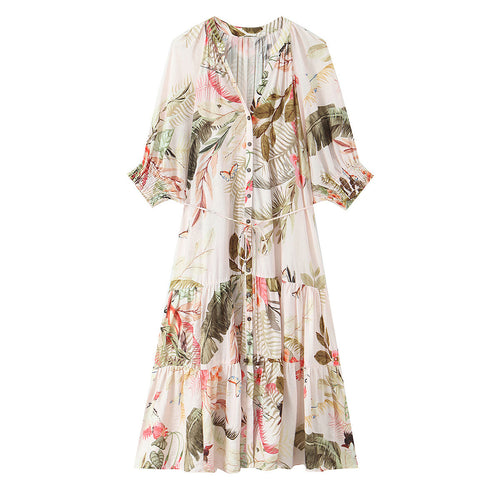 Damen Langes Boho-Maxikleid mit Knopfleiste, Bindegürtel und Stufenrock Drune