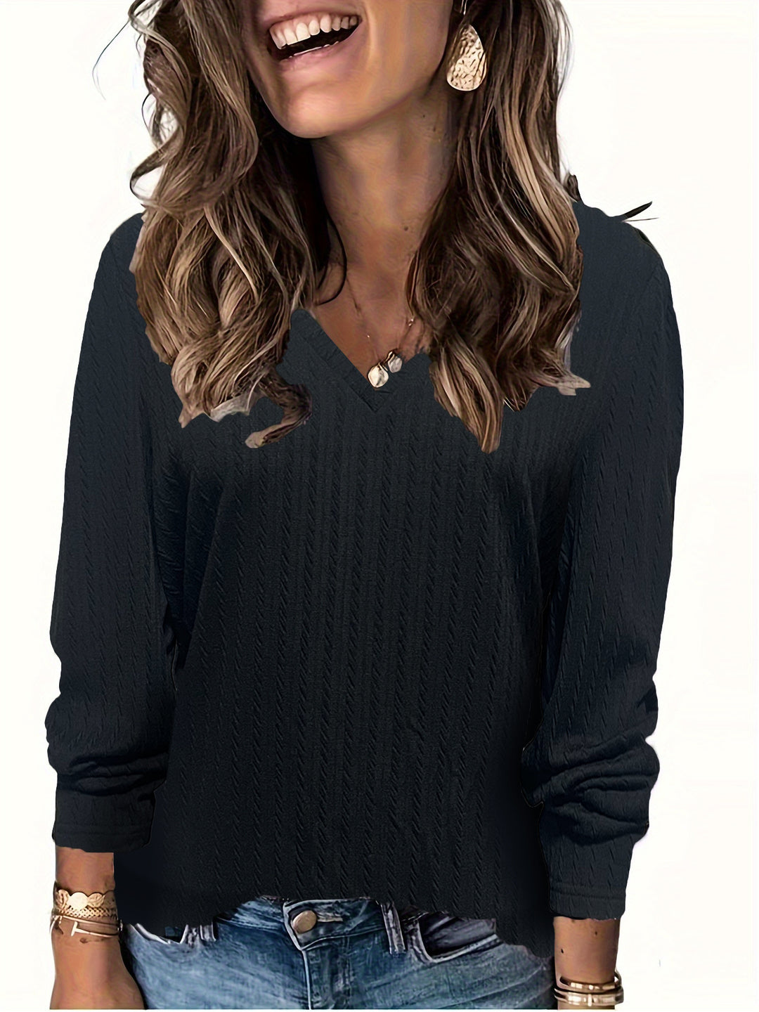 Damen Feinstrick-Langarmshirt mit V‑Ausschnitt und Zopfmuster Drune