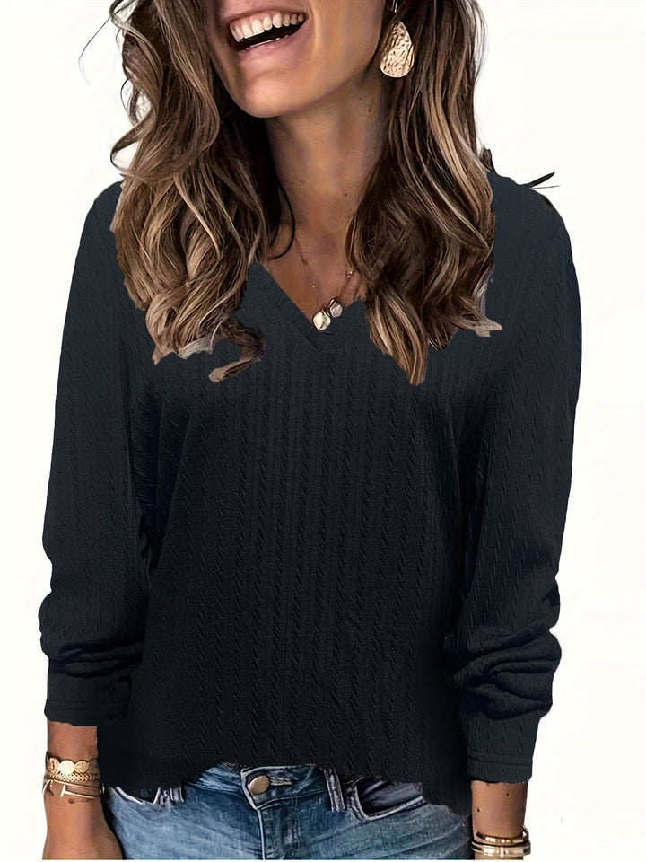 Damen Feinstrick-Langarmshirt mit V‑Ausschnitt und Zopfmuster Drune