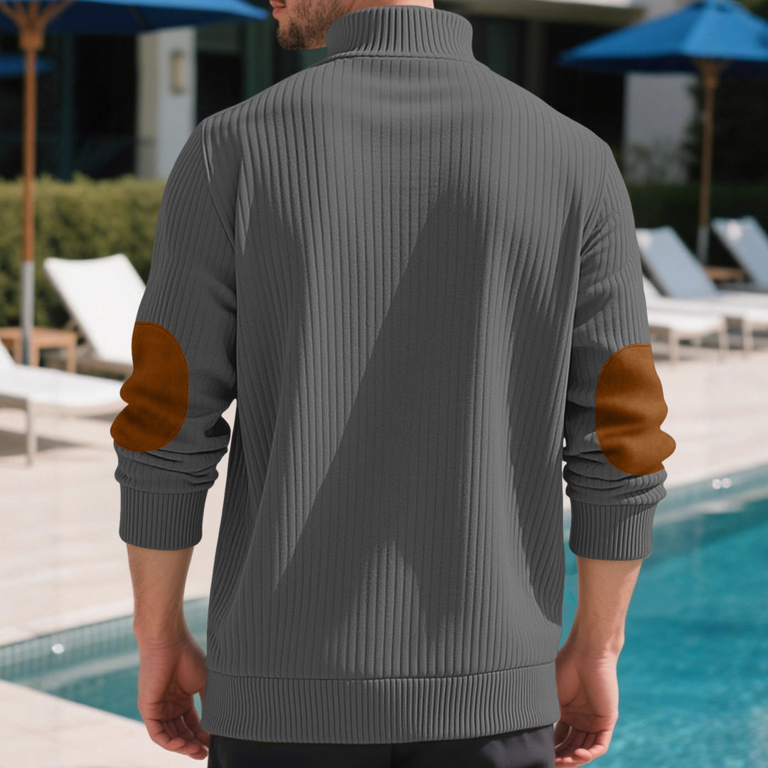 Herren nan Rippstrick-Halbknopf-Pullover mit Kentkragen und Lederbesatz Drune