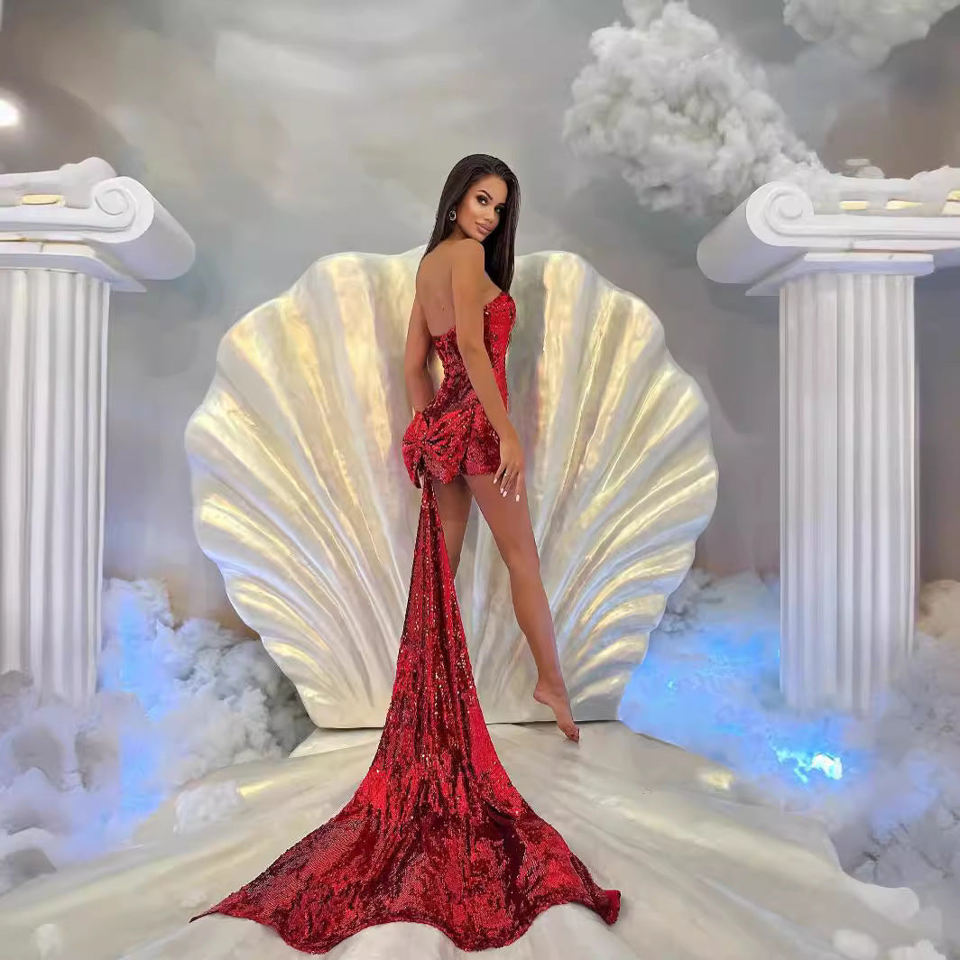 Damen Glitzerndes Abendkleid mit Schleppe und trägerlosem Design Drune