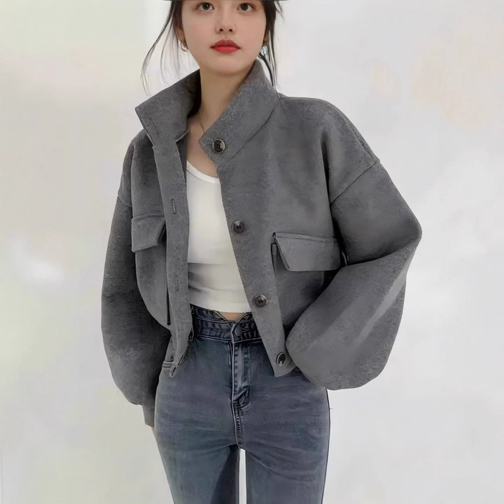 Damen Kurze Oversize-Wolloptik-Jacke mit Stehkragen und Ballonärmeln Drune