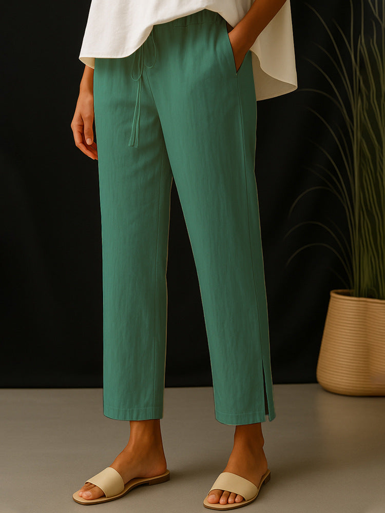 Damen Casual-Chino Leinenoptik Culotte mit elastischem Tunnelzugbund und Eingrifftaschen Drune