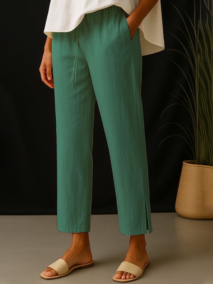 Damen Casual-Chino Leinenoptik Culotte mit elastischem Tunnelzugbund und Eingrifftaschen Drune