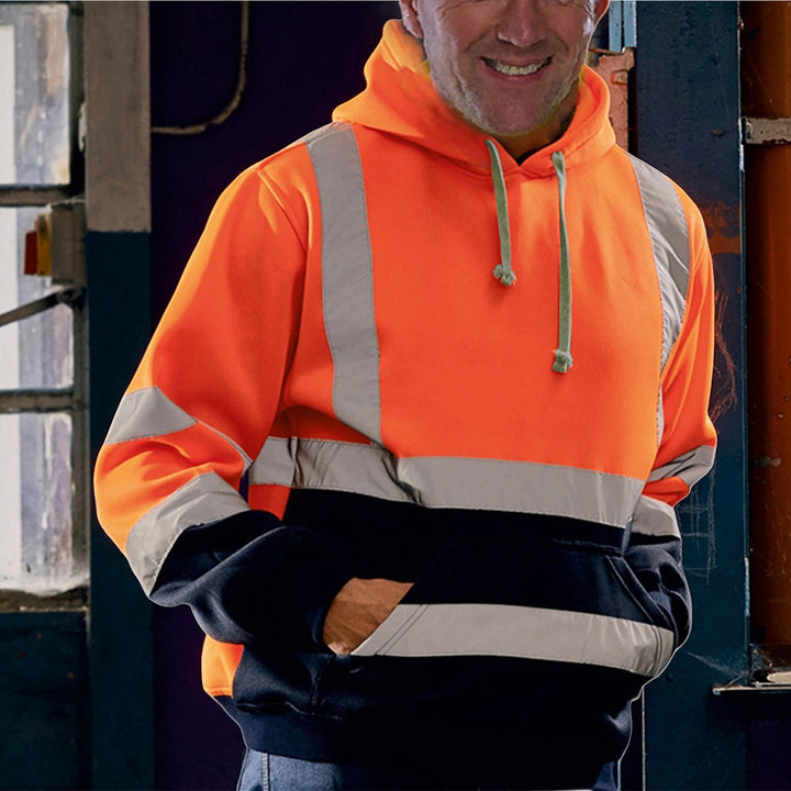 Herren reflektierende Sicherheits-Hoodie mit kontrastreichen Reflektorbändern, Kängurutasche und verstellbarer Kapuze Drune