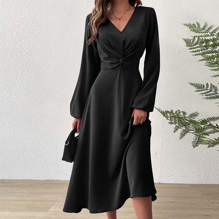 Damen elegantes Midikleid mit figurformender Drapierung und tiefem V-Ausschnitt Drune