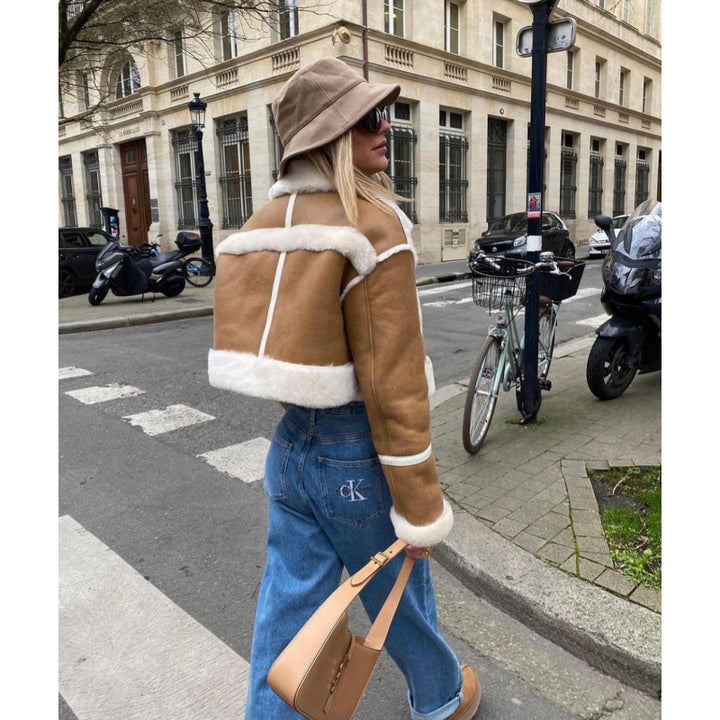 Damen kurze Lederjacke mit kunstpelzbesatz Drune