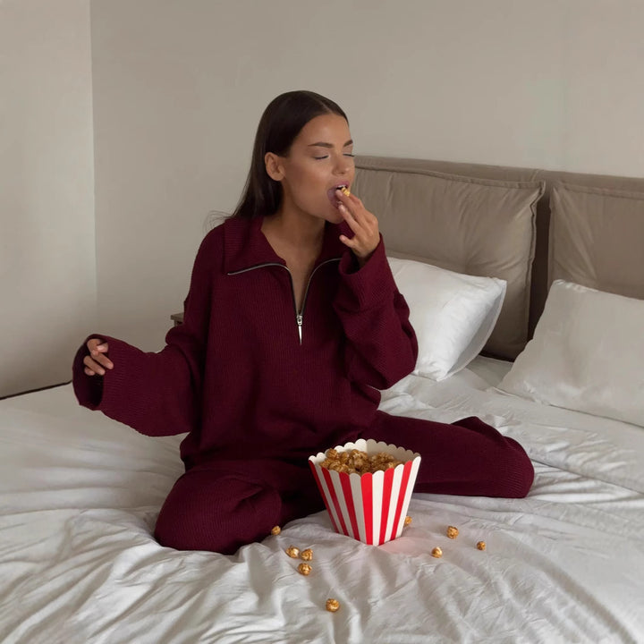 Damen Oversize Strick-Lounge-Set mit halbem Reißverschluss und weitem Bein Drune