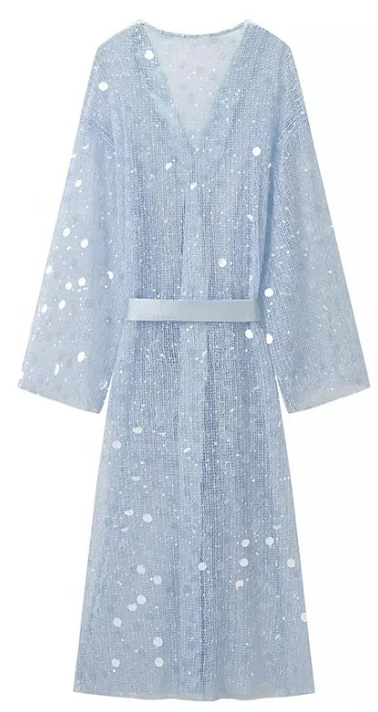 Damen Glamouröses Maxikleid mit V‑Ausschnitt, Pailletten‑Overlay und Taillengürtel Drune