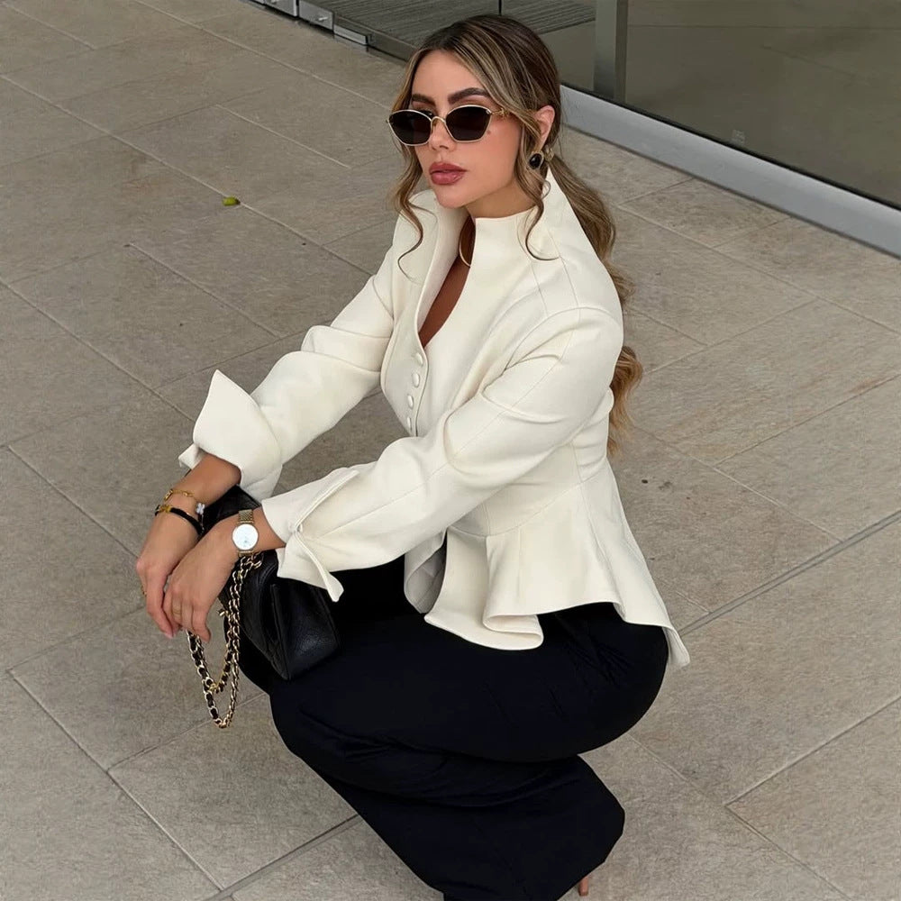Damen Taillierter Blazer mit Schößchen, Stehkragen & Zierknopf-Leiste Drune