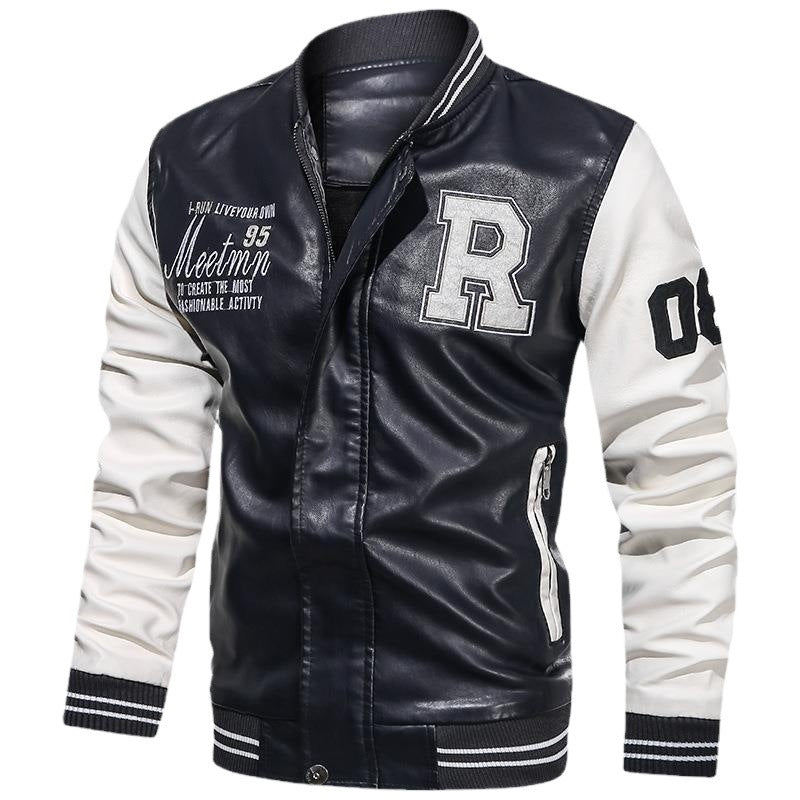 Herren Varsity-Bomberjacke im College-Stil aus Kunstleder mit bestickten Logos & kontrastreichen Ärmeln Drune