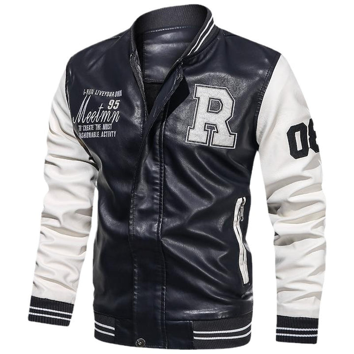 Herren Varsity-Bomberjacke im College-Stil aus Kunstleder mit bestickten Logos & kontrastreichen Ärmeln Drune