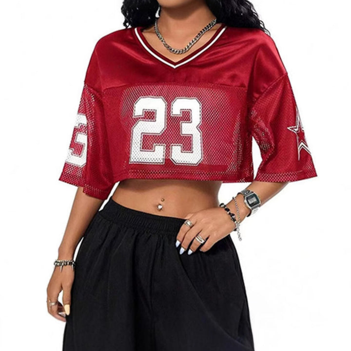 Damen sportliches Crop-Top aus atmungsaktivem Mesh-Material mit Nummer CD-Drune