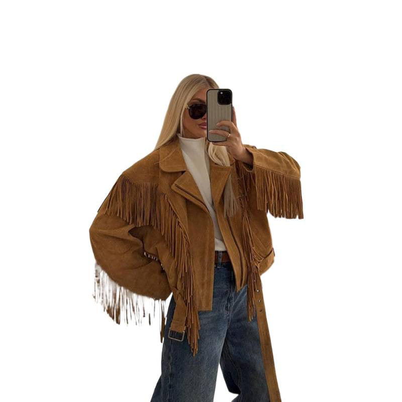 Damen Wildlederjacke mit Fransen und großzügigen Ärmeln Drune