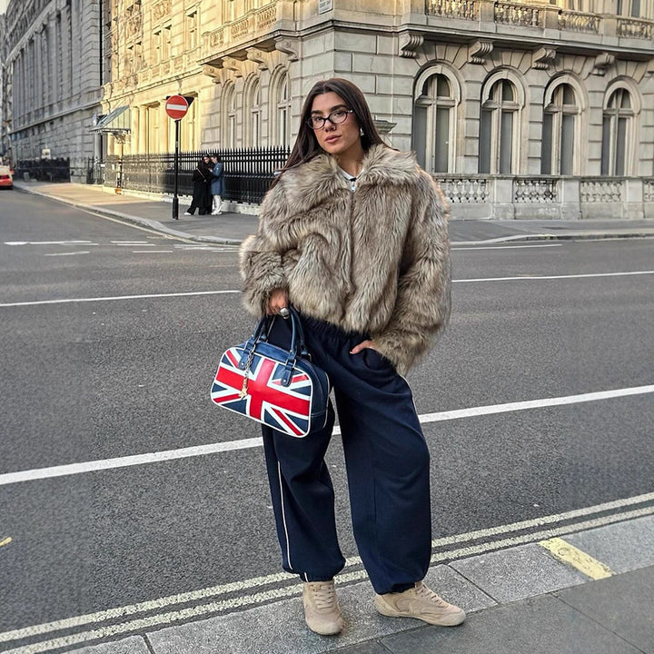 Damen Kurz geschnittener Faux‑Fur Boxy‑Mantel mit Kapuze und Reißverschluss Drune