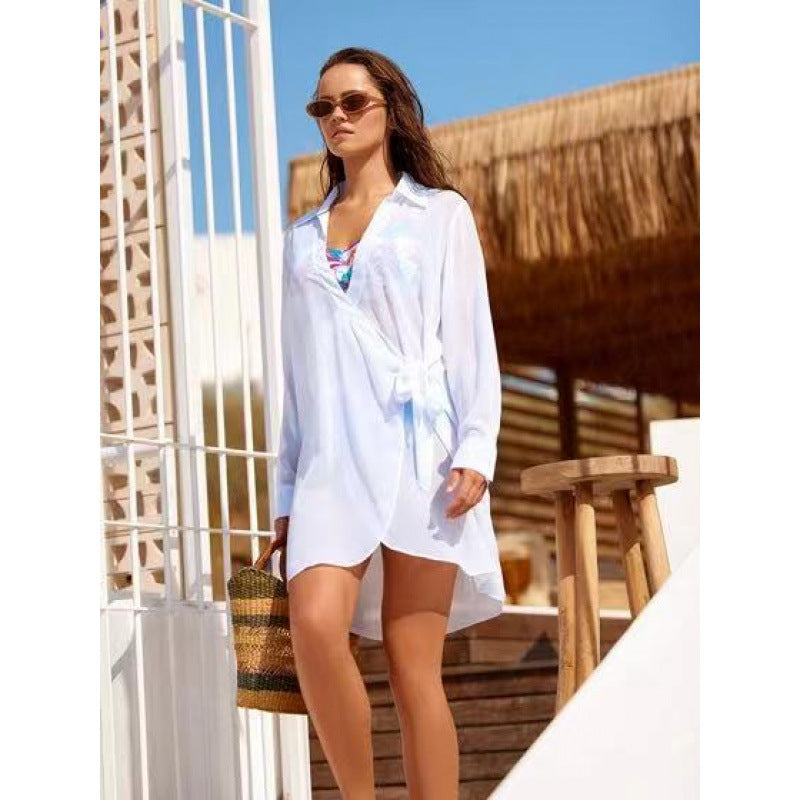 Damen Strandüberwurf mit elegantem Wickeldetail und transparentem Stoff Drune