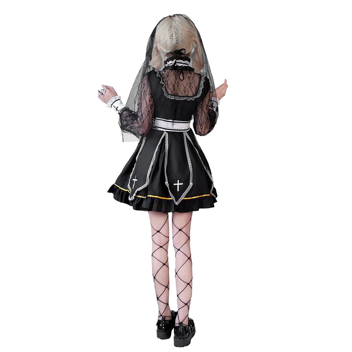 Damen Gothic Brautkostüm mit Spitzenärmeln und aufwendigen Rüschen Drune