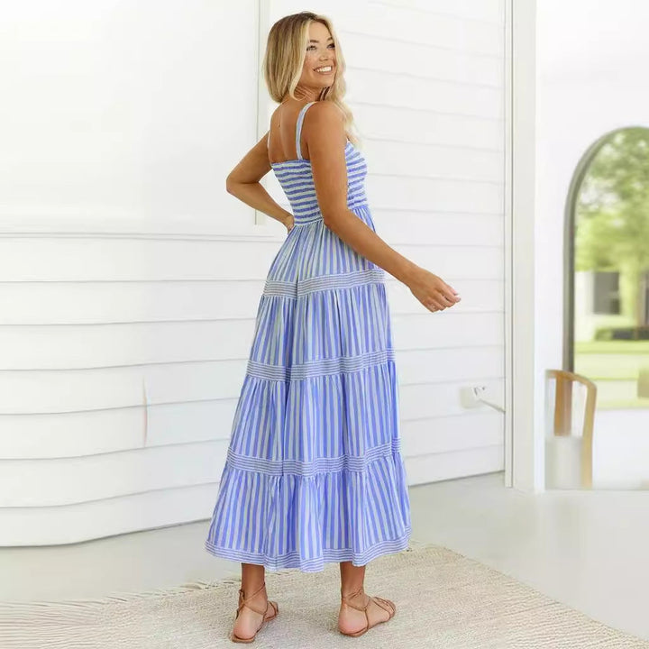 Damen Lange Sommerkleid mit schmalen Trägern und voluminösem Rock Drune