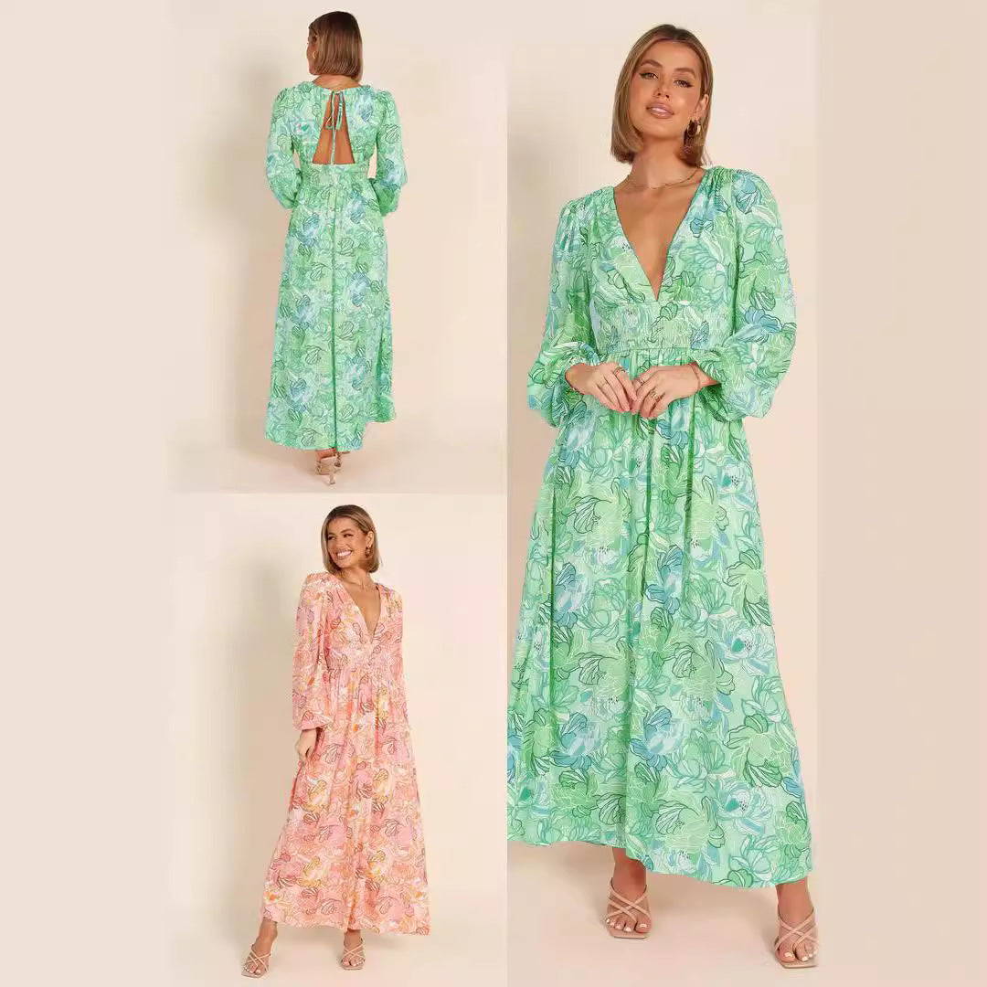 Damen Blütenmuster Sommerkleid mit tiefem V-Ausschnitt und Puffärmeln Drune