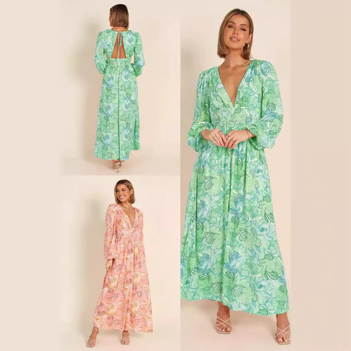 Damen Blütenmuster Sommerkleid mit tiefem V-Ausschnitt und Puffärmeln Drune