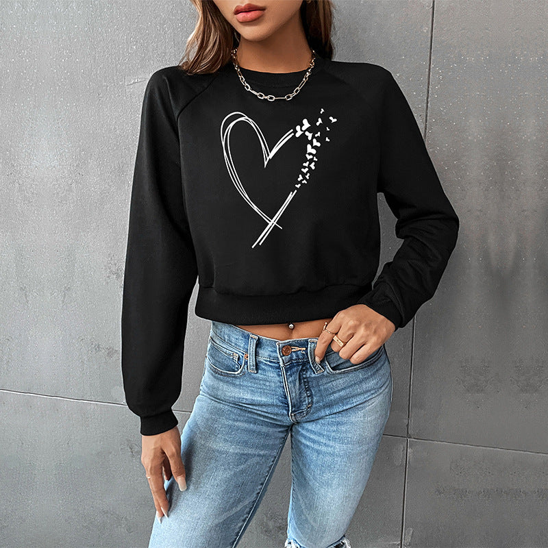 Damen Kurz geschnittenes Sweatshirt mit Herz-Print, Rundhalsausschnitt und Rippbündchen Drune