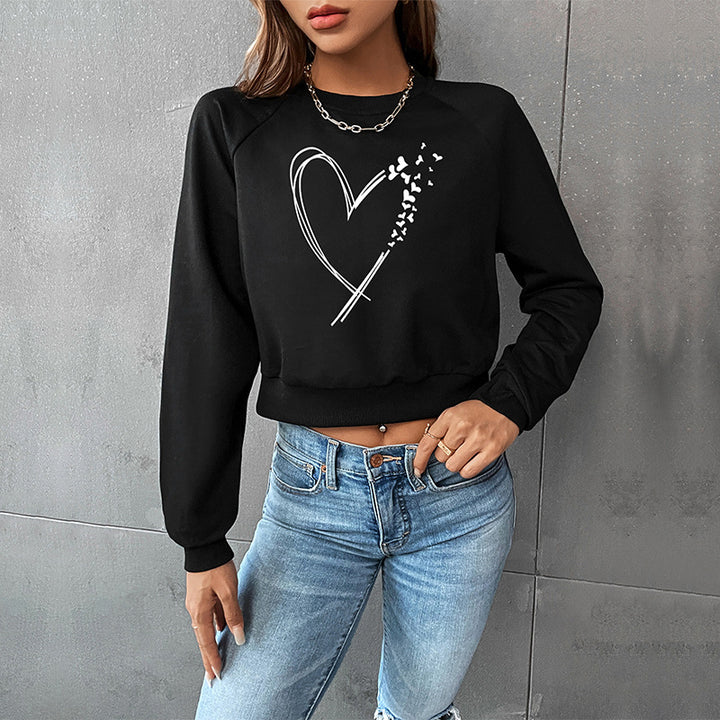 Damen Kurz geschnittenes Sweatshirt mit Herz-Print, Rundhalsausschnitt und Rippbündchen Drune