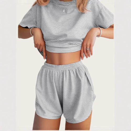 Damen Lässiges Streifen-Set mit weitem T-Shirt und Shorts Drune