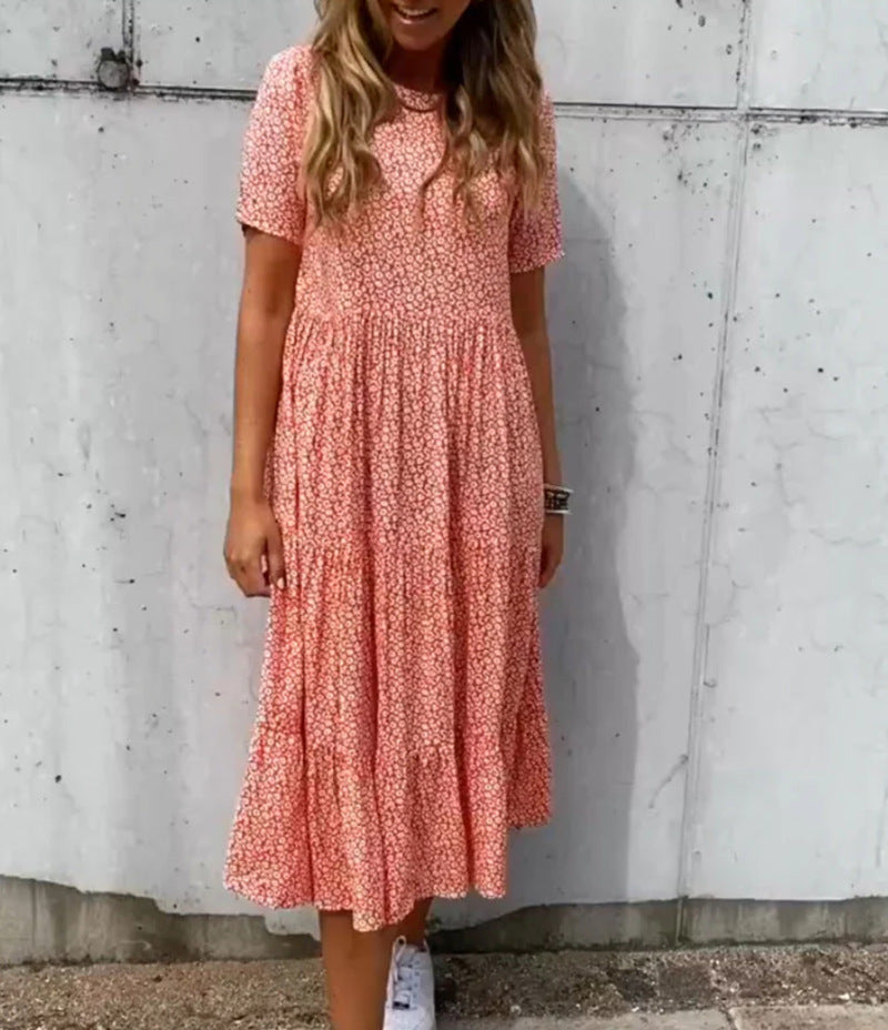 Damen nan leichtes Midikleid mit geraffter Taillenpartie, kurzen Ärmeln und mehrlagigem Stufenrock Drune