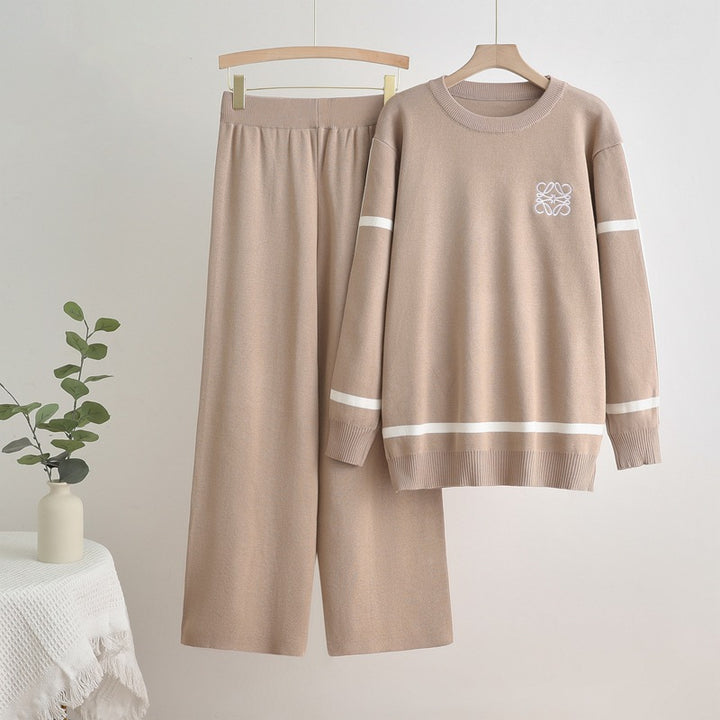 Damen modisches Freizeit-Loungewear-Set mit breiten Beinen und dezentem Logo Drune