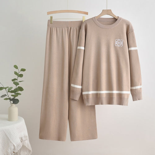 Damen modisches Freizeit-Loungewear-Set mit breiten Beinen und dezentem Logo Drune