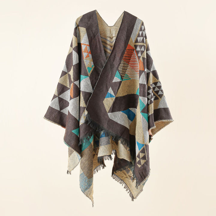 Damen Oversize-Ruana im Jacquard-Wickelstil mit dreieckigem Muster und Fransensaum Drune