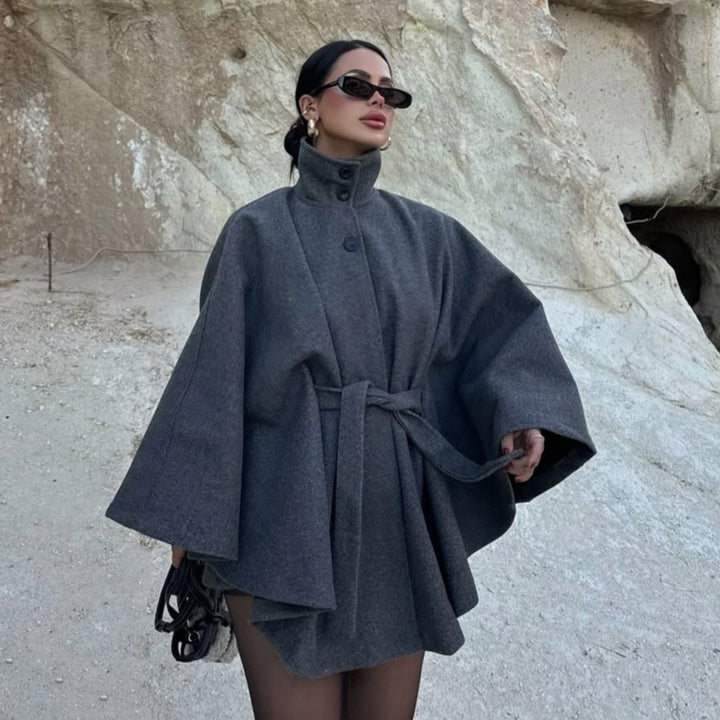 Damen Umhangjacke aus hochwertigem Wollmix mit Taillengürtel Drune