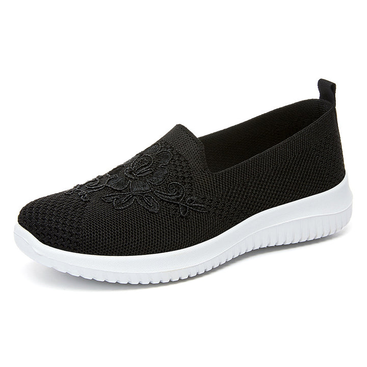 Damen nan eleganter Strick-Slipper mit floraler Stickapplikation, elastischem Einstieg und federleichter EVA-Laufsohle Drune