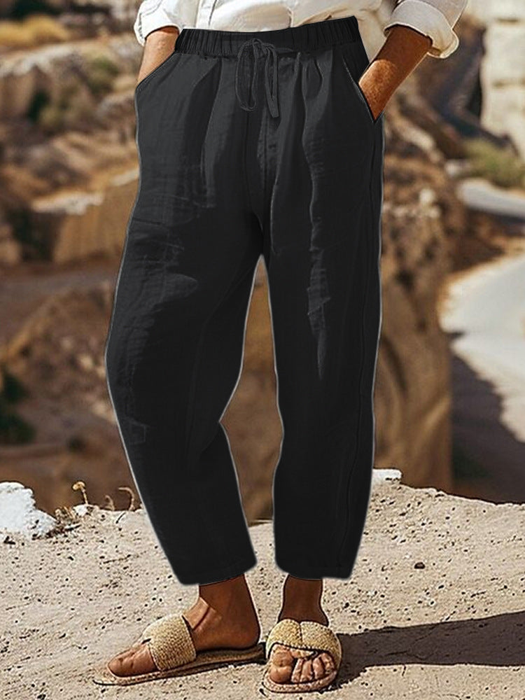 Damen Casual-Chino Leinenoptik Culotte mit elastischem Tunnelzugbund und Eingrifftaschen Drune