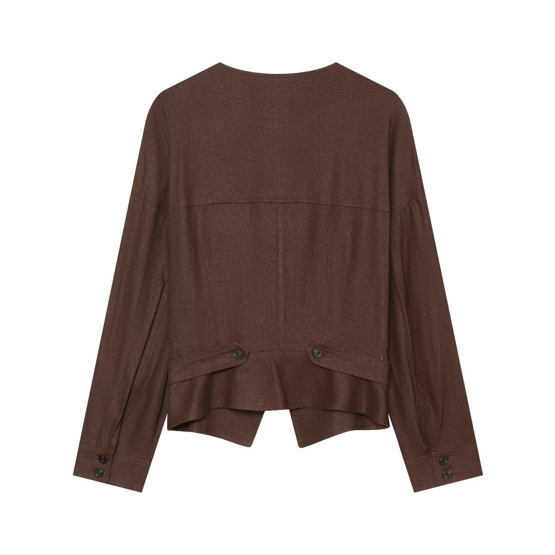 Damen Asymmetrische Leinenbluse mit diagonalem Knopfverschluss Drune