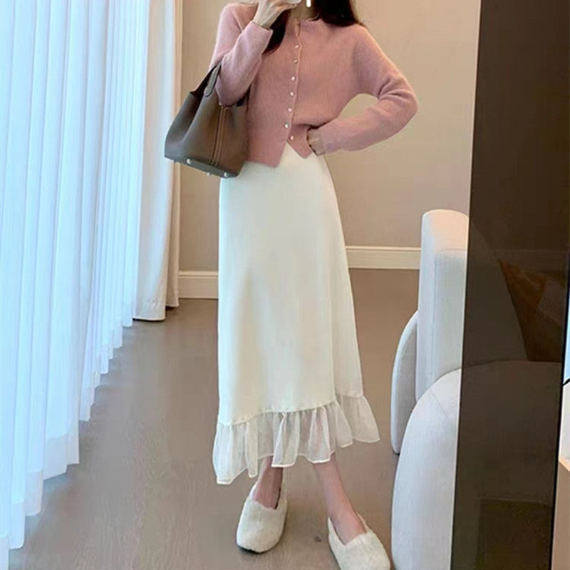 Damen modischer Cardigan mit Knöpfen und Rüschensaum Drune