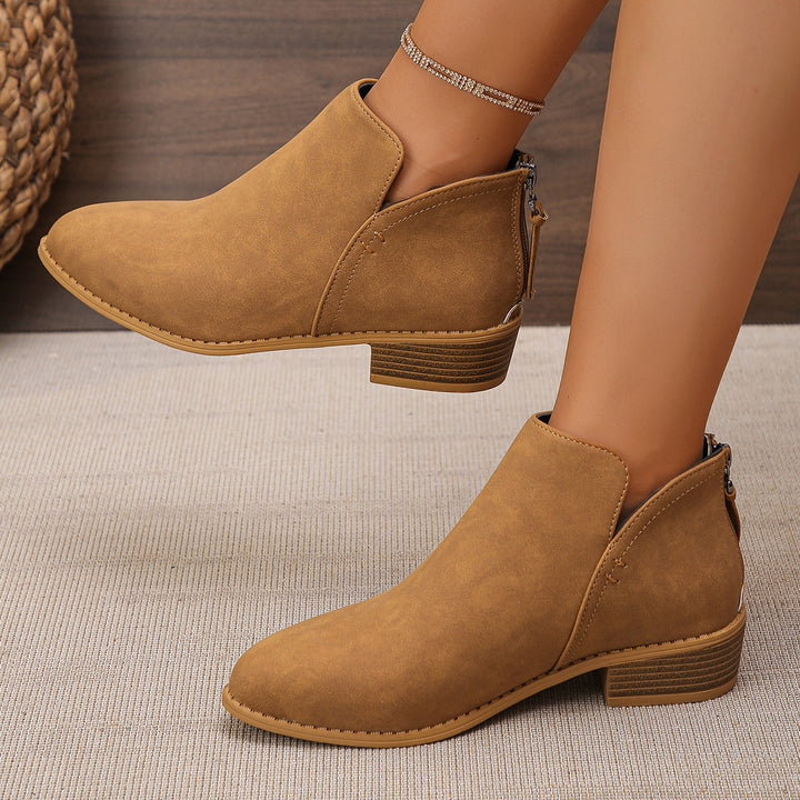 Damen Ankle-Boots mit hinterem Reißverschluss, schlanker Spitze und niedrigem Blockabsatz Drune