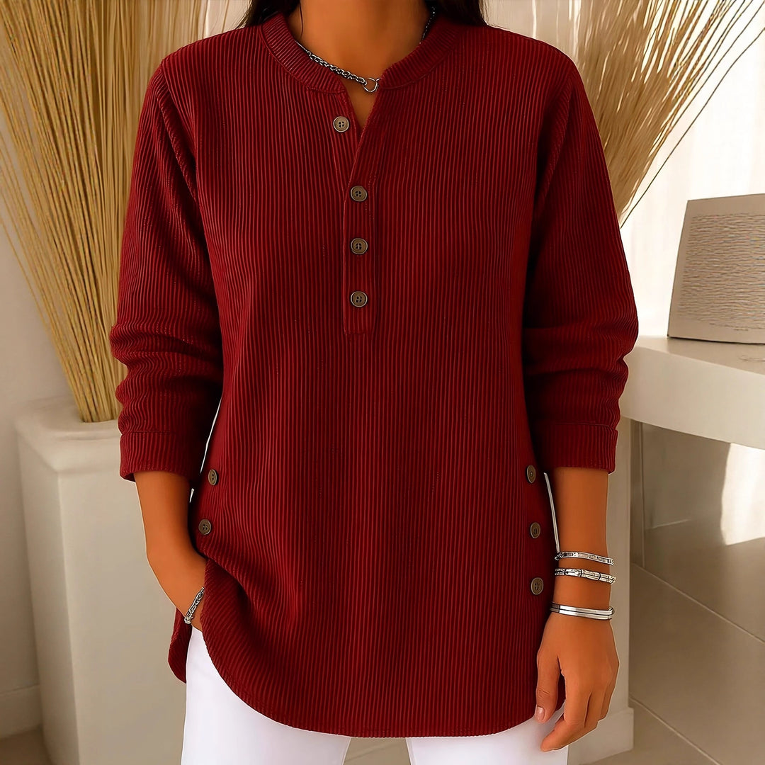 Damen nan plissee Tunika-Bluse mit Stehkragen, Knopfleiste und seitlichen Zierknöpfen Drune