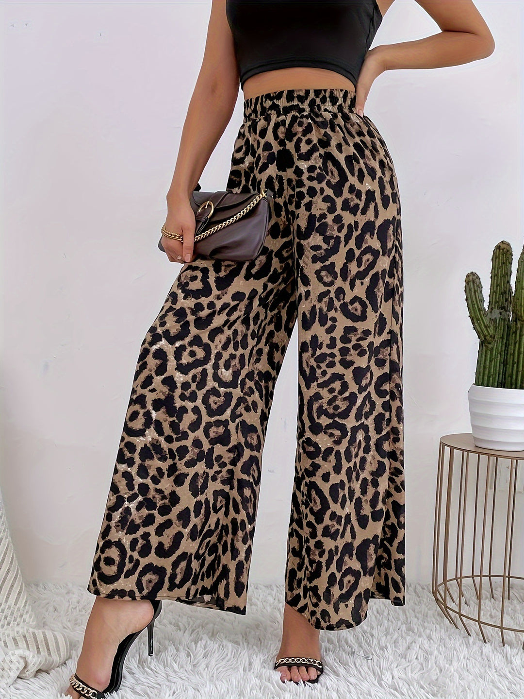 Damen Weite Leopard-Hosen aus fließendem Material mit elastischem Bund Drune