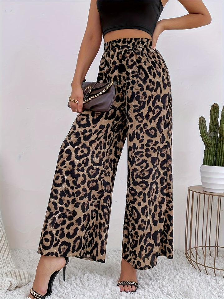 Damen Weite Leopard-Hosen aus fließendem Material mit elastischem Bund Drune