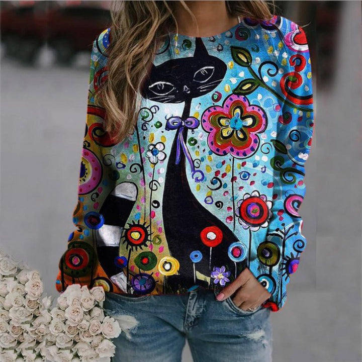 Damen Oversized-Sweatshirt mit künstlerischem Katzen-Print und floraler Musterung Drune