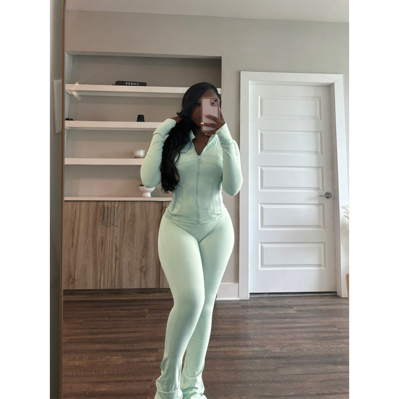 Damen figurbetonender Jumpsuit mit Hochkragen und durchgehendem Reißverschluss Drune